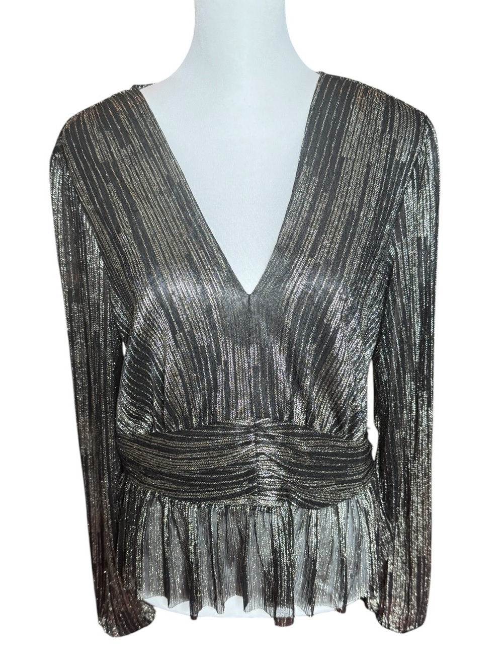 Parker Olivia Metallic-Stripe V-Neck Peplum V-Neck Long Sleeve Peplum Top SZ L
